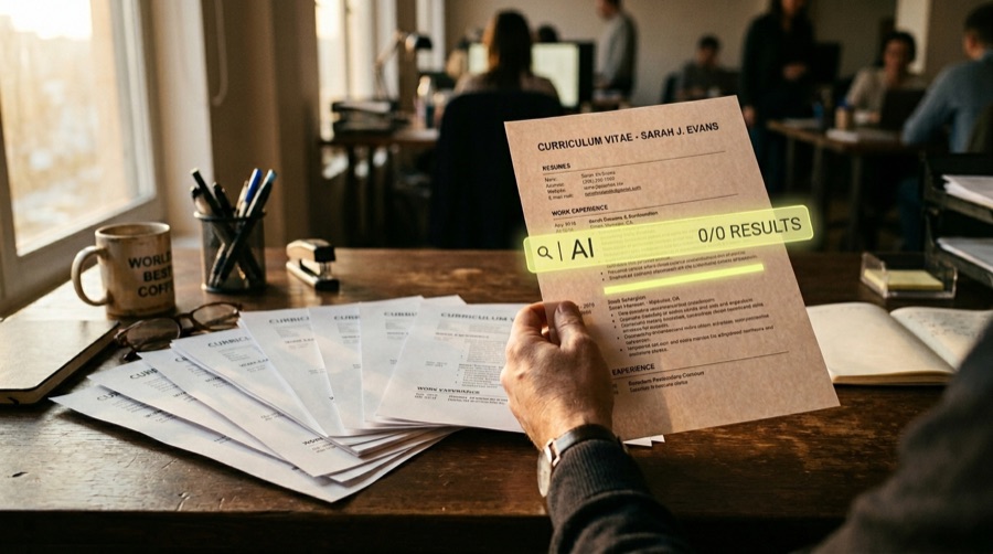 Essay artwork: a hand holding a resume over a fanned stack, with a search overlay reading 'AI: 0 of 0 results'