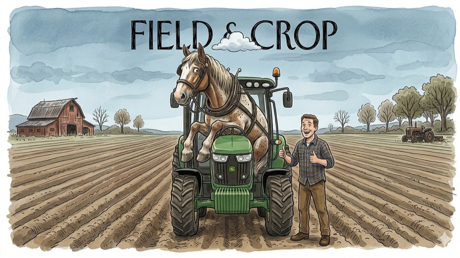 Essay artwork: a weary draft horse facing a tractor